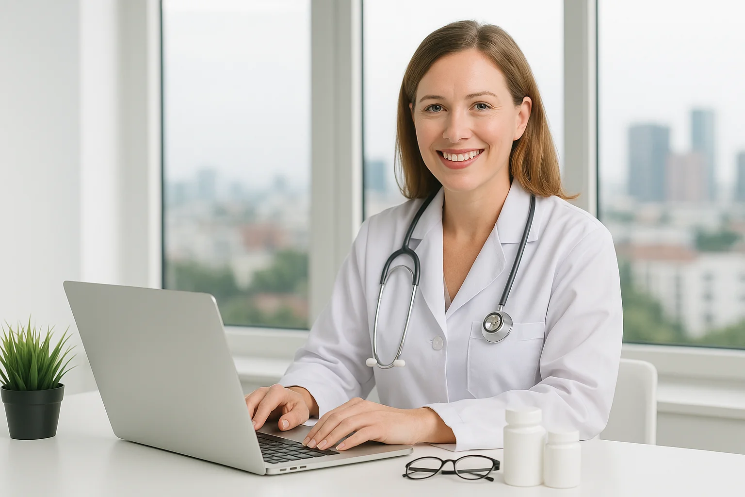 Doctora agendando en computador